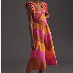 Anthropologie Love The Label Ruffled Colorblocked Midi Dress | Size L